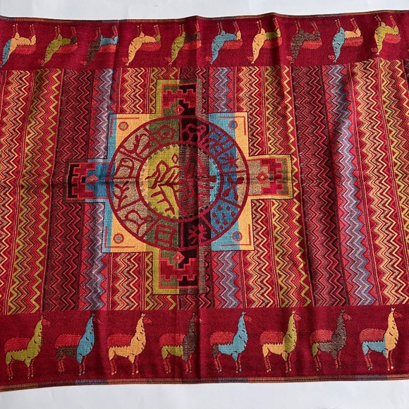 100% Pashmina SCARF Wrap LLamas Red Blue Gold Woven 26" x 67" - Picture 2 of 6